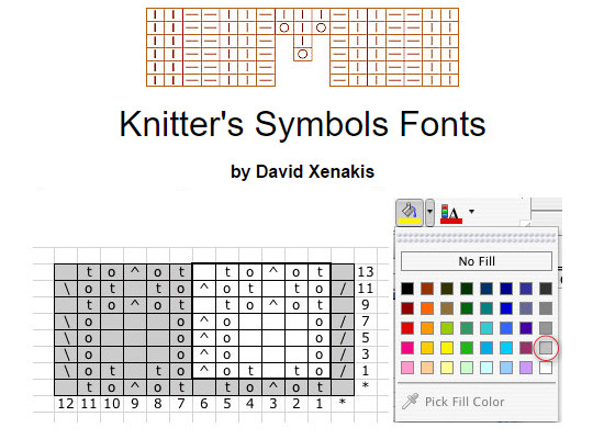 Knitter's Symbols Fonts - pictures taken from screenshot of the website